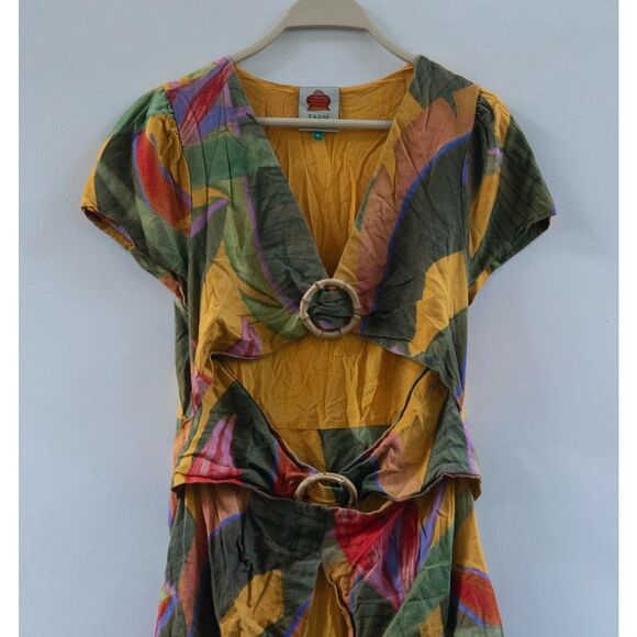 Farm Rio Yellow Garden Midi Dress Women's Medium Linen Bamboo Rings Cutout - Picture 2 of 9